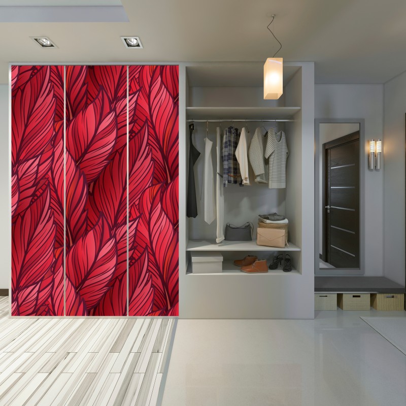 Naklejka na szafę czerwony botaniczny wzór liści – Wallissimo® Naklejka na szafę czerwony botaniczny wzór liści – Wallissimo®