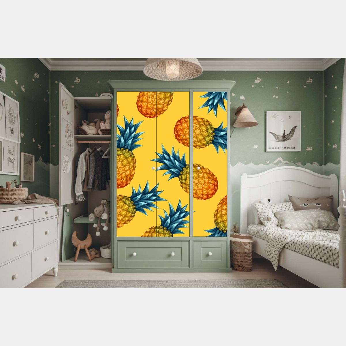 Naklejka na szafę tropikalny wzór z ananasami na żółtym tle – Wallissimo® Naklejka na szafę tropikalny wzór z ananasami na żółtym tle – Wallissimo®
