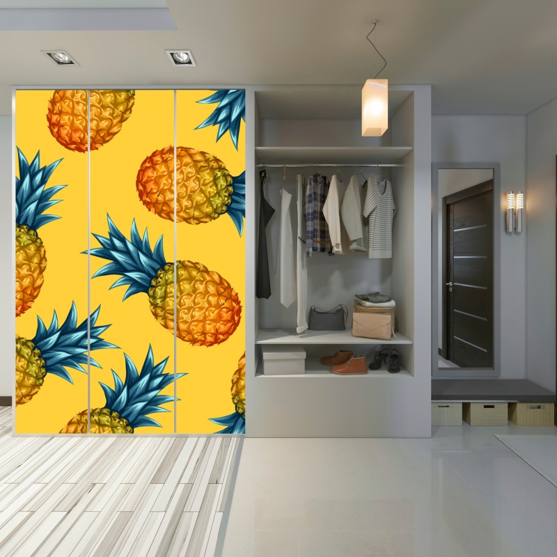 Naklejka na szafę tropikalny wzór z ananasami na żółtym tle – Wallissimo® Naklejka na szafę tropikalny wzór z ananasami na żółtym tle – Wallissimo®