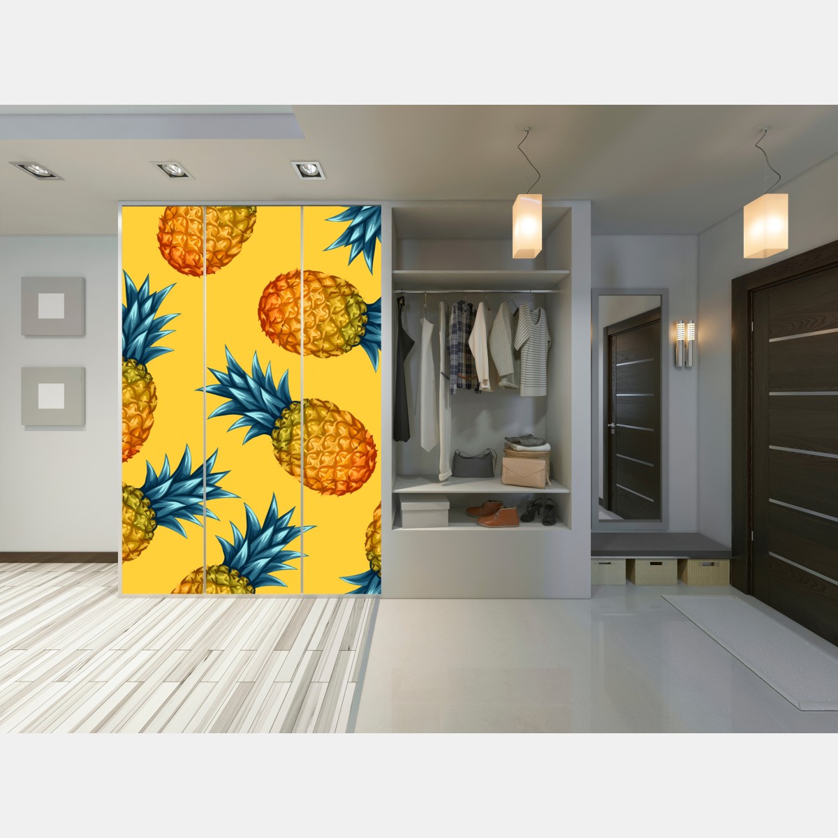 Naklejka na szafę tropikalny wzór z ananasami na żółtym tle – Wallissimo® Naklejka na szafę tropikalny wzór z ananasami na żółtym tle – Wallissimo®