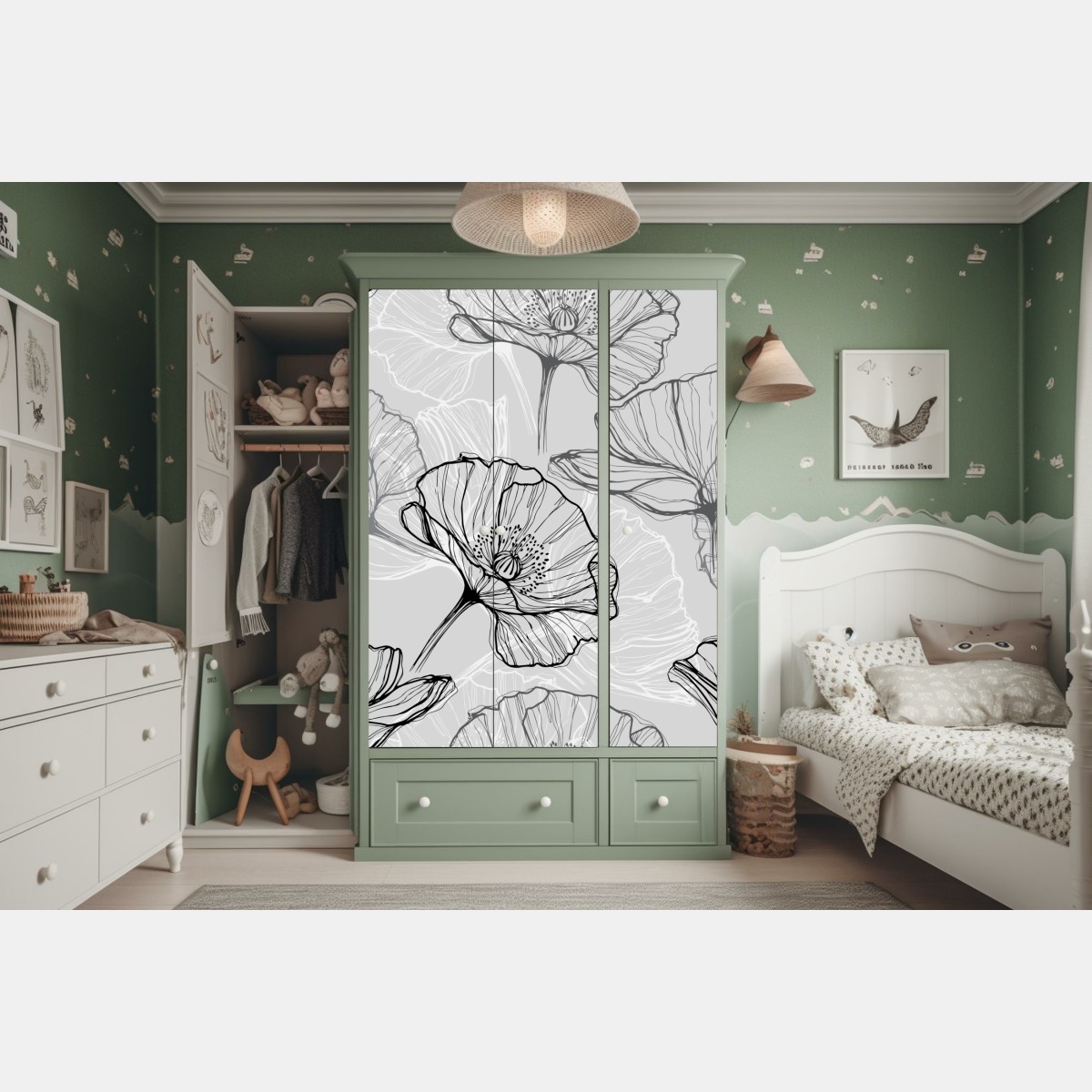 Naklejka na szafę delikatny szary mak w rysunku liniowym – Wallissimo® Naklejka na szafę delikatny szary mak w rysunku liniowym – Wallissimo®