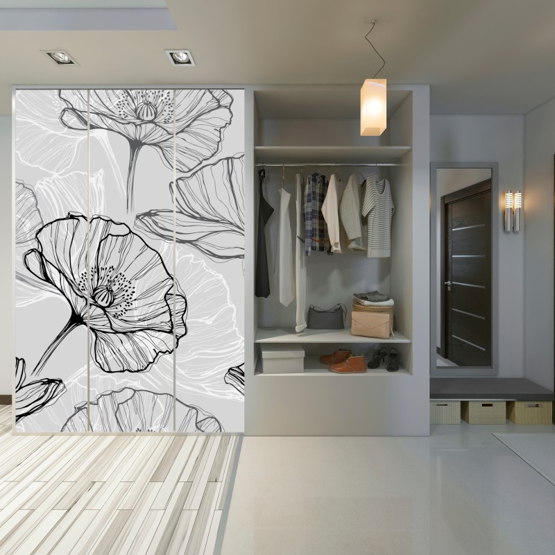 Naklejka na szafę delikatny szary mak w rysunku liniowym – Wallissimo® Naklejka na szafę delikatny szary mak w rysunku liniowym – Wallissimo®