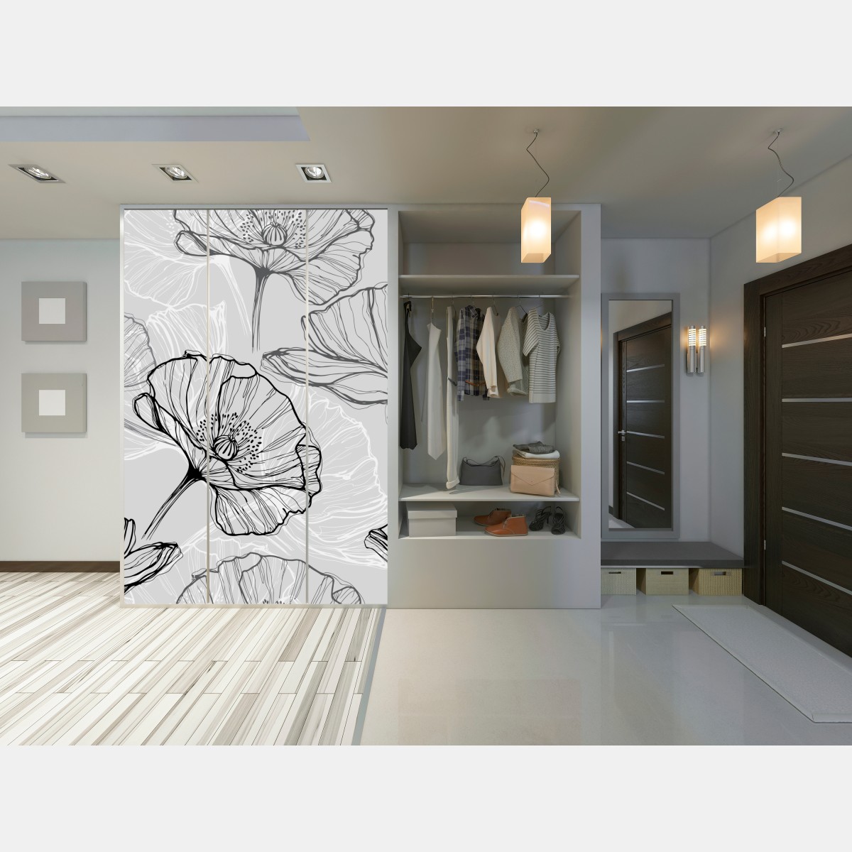 Naklejka na szafę delikatny szary mak w rysunku liniowym – Wallissimo® Naklejka na szafę delikatny szary mak w rysunku liniowym – Wallissimo®