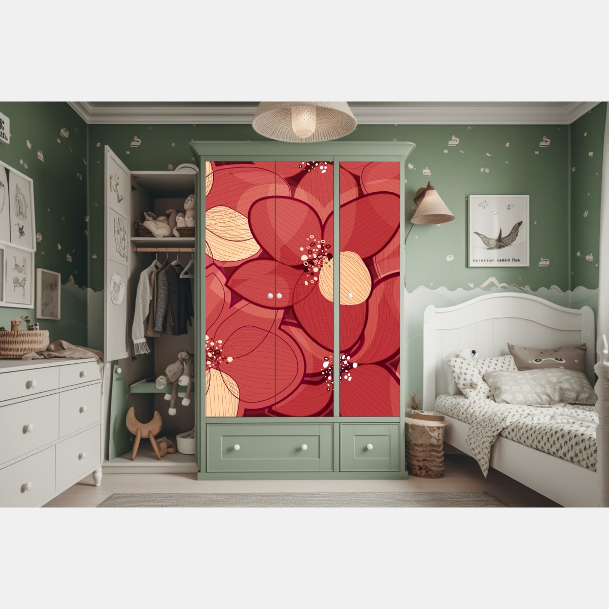 Naklejka na szafę czerwony kwiatowy wzór z beżowymi środkami – Wallissimo® Naklejka na szafę czerwony kwiatowy wzór z beżowymi środkami – Wallissimo®