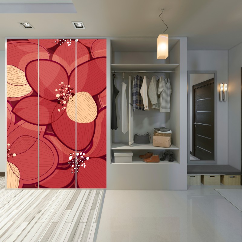 Naklejka na szafę czerwony kwiatowy wzór z beżowymi środkami – Wallissimo® Naklejka na szafę czerwony kwiatowy wzór z beżowymi środkami – Wallissimo®