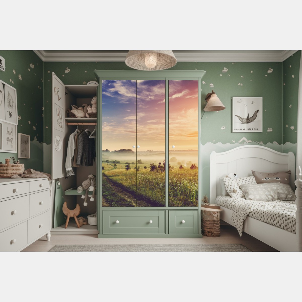 Naklejka na szafę mglisty wschód słońca nad wiejską łąką – Wallissimo® Naklejka na szafę mglisty wschód słońca nad wiejską łąką – Wallissimo®