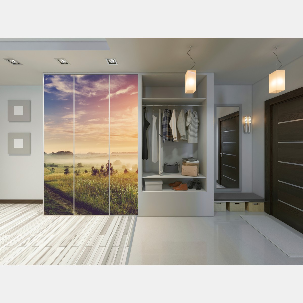 Naklejka na szafę mglisty wschód słońca nad wiejską łąką – Wallissimo® Naklejka na szafę mglisty wschód słońca nad wiejską łąką – Wallissimo®