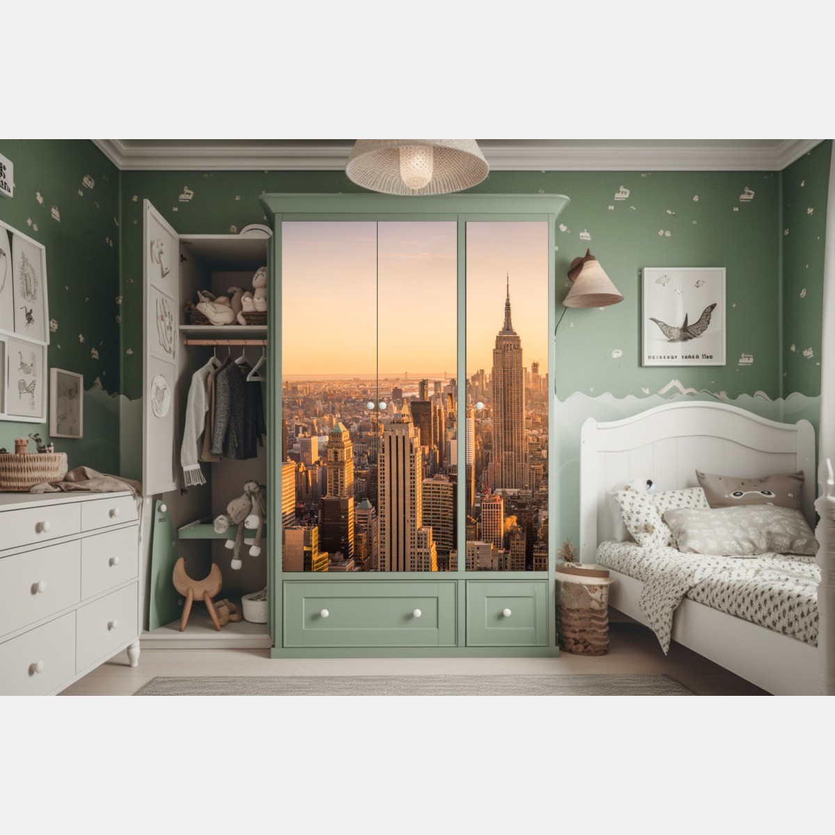 Naklejka na szafę złoty zachód nad panoramą Nowego Jorku – Wallissimo® Naklejka na szafę złoty zachód nad panoramą Nowego Jorku – Wallissimo®