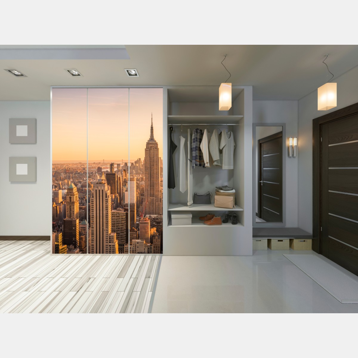 Naklejka na szafę złoty zachód nad panoramą Nowego Jorku – Wallissimo® Naklejka na szafę złoty zachód nad panoramą Nowego Jorku – Wallissimo®