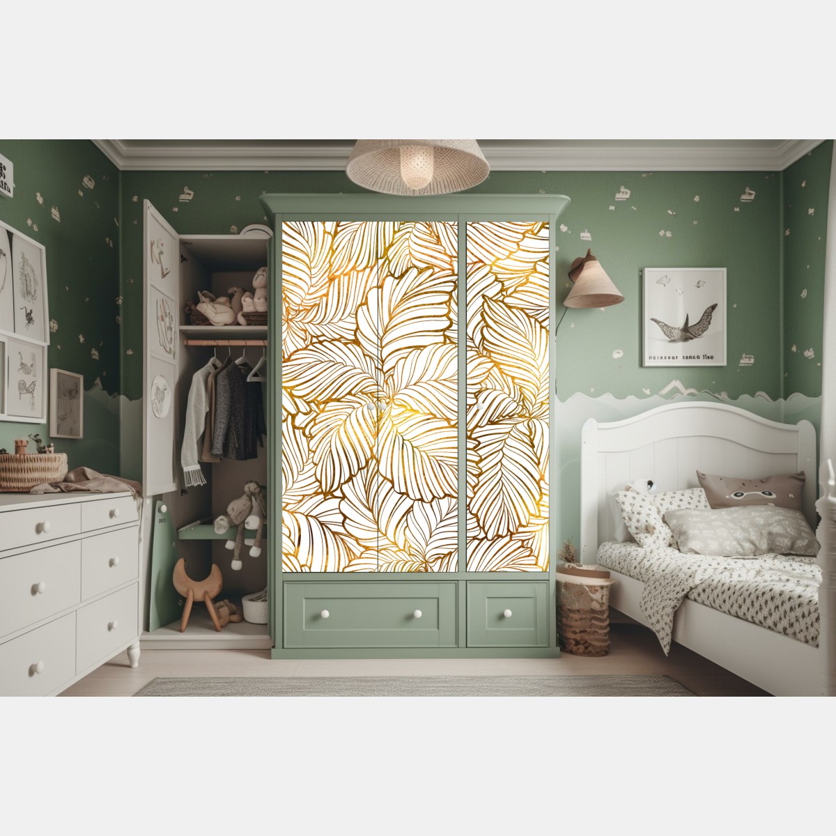 Naklejka na szafę złote liście w stylu line art – Wallissimo® Naklejka na szafę złote liście w stylu line art – Wallissimo®