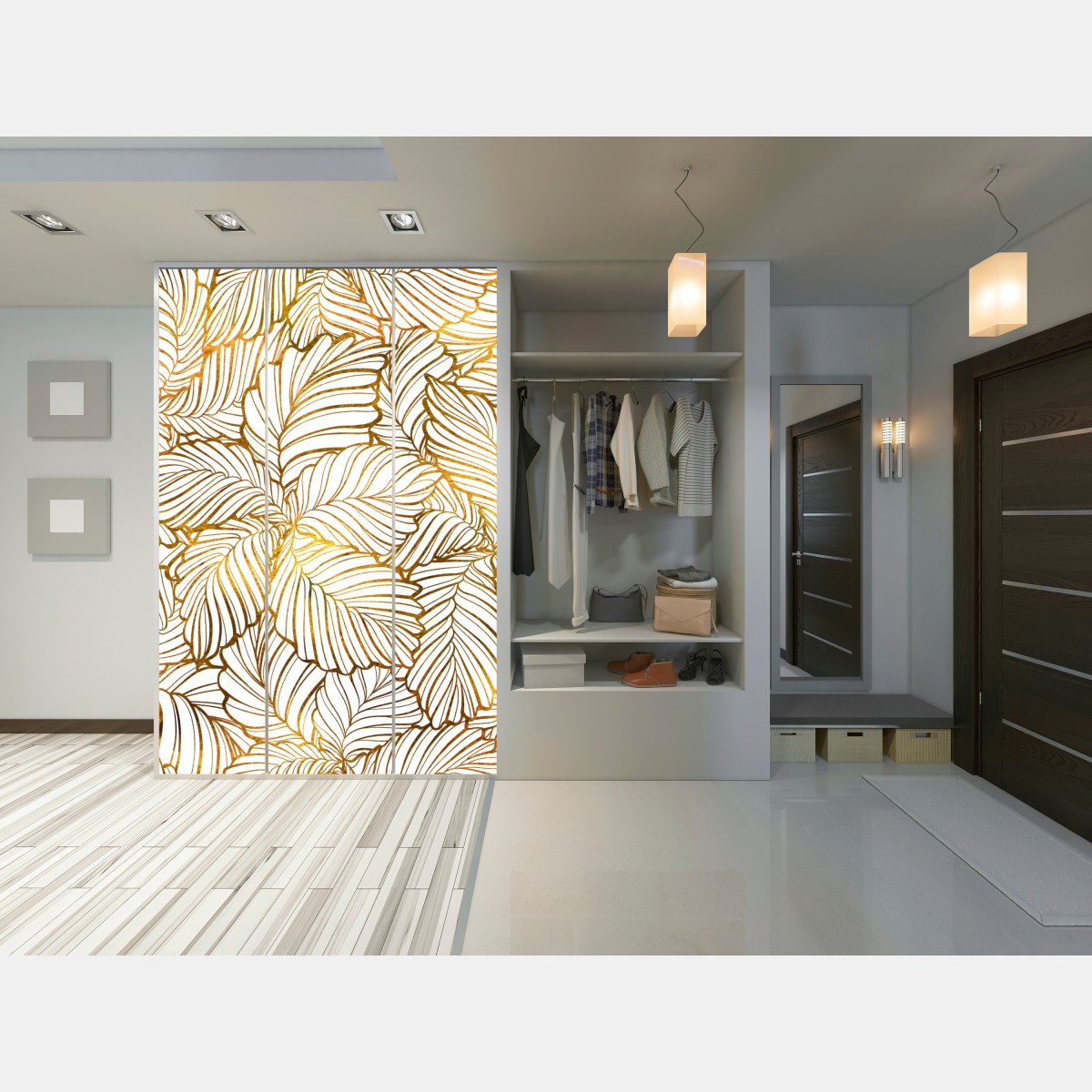 Naklejka na szafę złote liście w stylu line art – Wallissimo® Naklejka na szafę złote liście w stylu line art – Wallissimo®