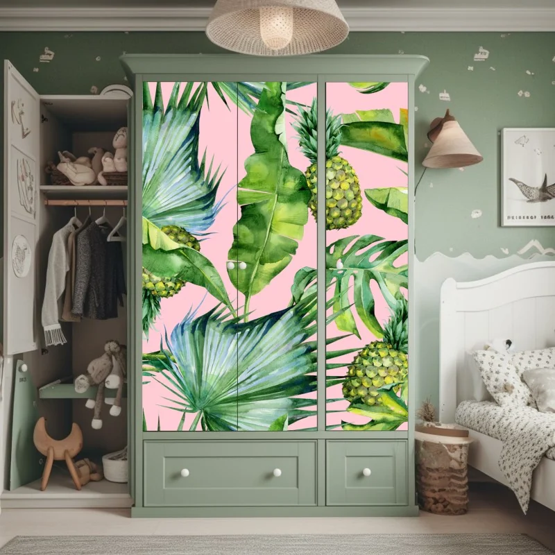 Naklejka na szafę botaniczny wzór liści w turkusie i koralu – Wallissimo®