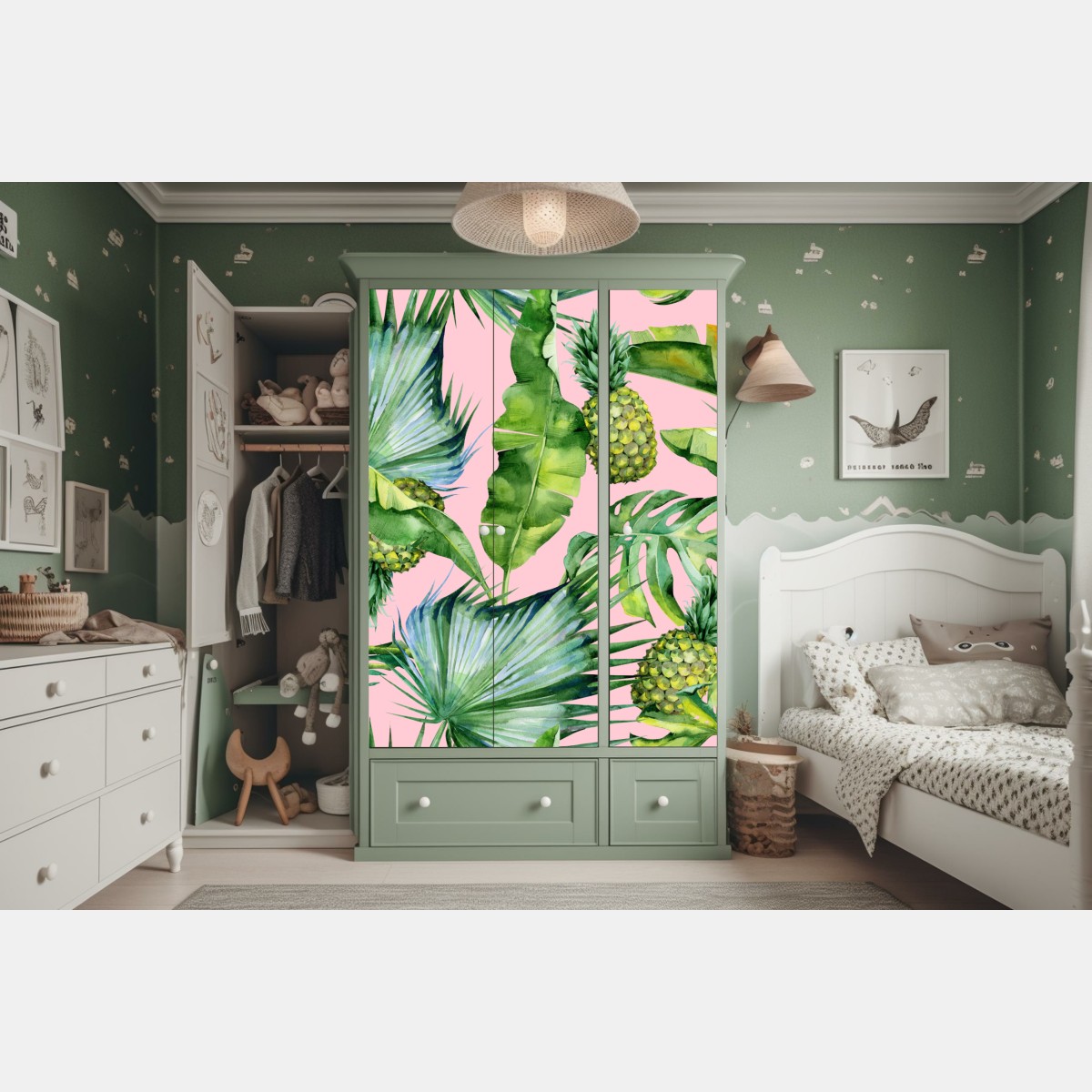 Naklejka na szafę tropikalny wzór ananasów i liści w akwareli na różowym tle – Wallissimo® Naklejka na szafę tropikalny wzór ananasów i liści w akwareli na różowym tle – Wallissimo®