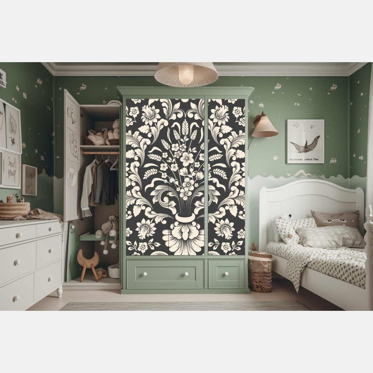 Naklejka na szafę vintage kwiatowy wzór damask – Wallissimo® Naklejka na szafę vintage kwiatowy wzór damask – Wallissimo®