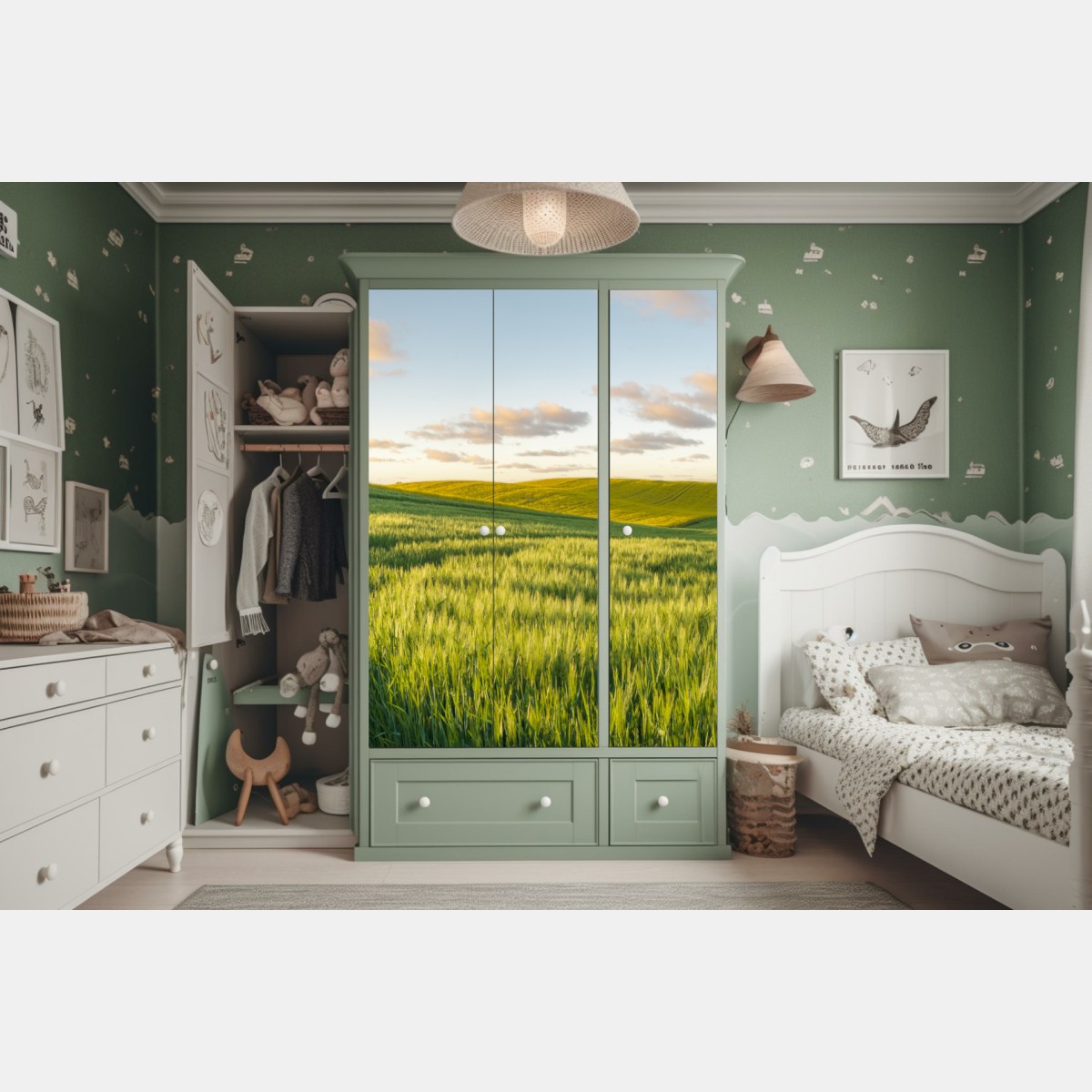 Naklejka na szafę spokojna zielona łąka panorama – Wallissimo® Naklejka na szafę spokojna zielona łąka panorama – Wallissimo®