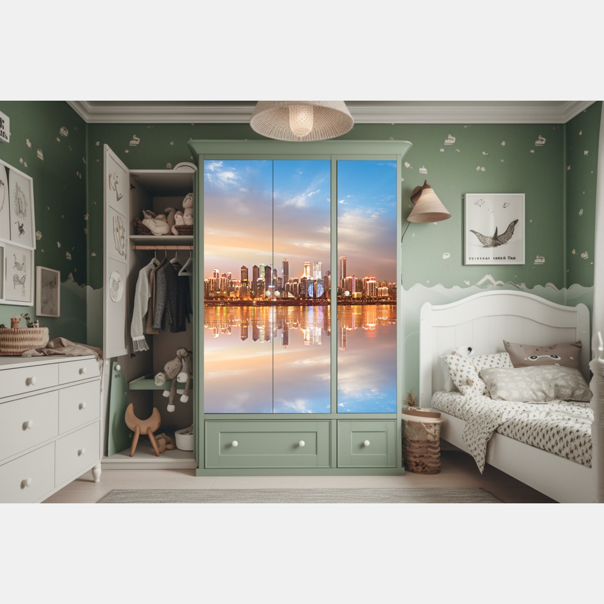 Naklejka na szafę panorama miasta odbita w wodzie o zmierzchu – Wallissimo® Naklejka na szafę panorama miasta odbita w wodzie o zmierzchu – Wallissimo®