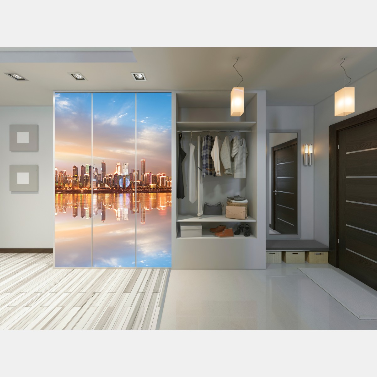 Naklejka na szafę panorama miasta odbita w wodzie o zmierzchu – Wallissimo® Naklejka na szafę panorama miasta odbita w wodzie o zmierzchu – Wallissimo®