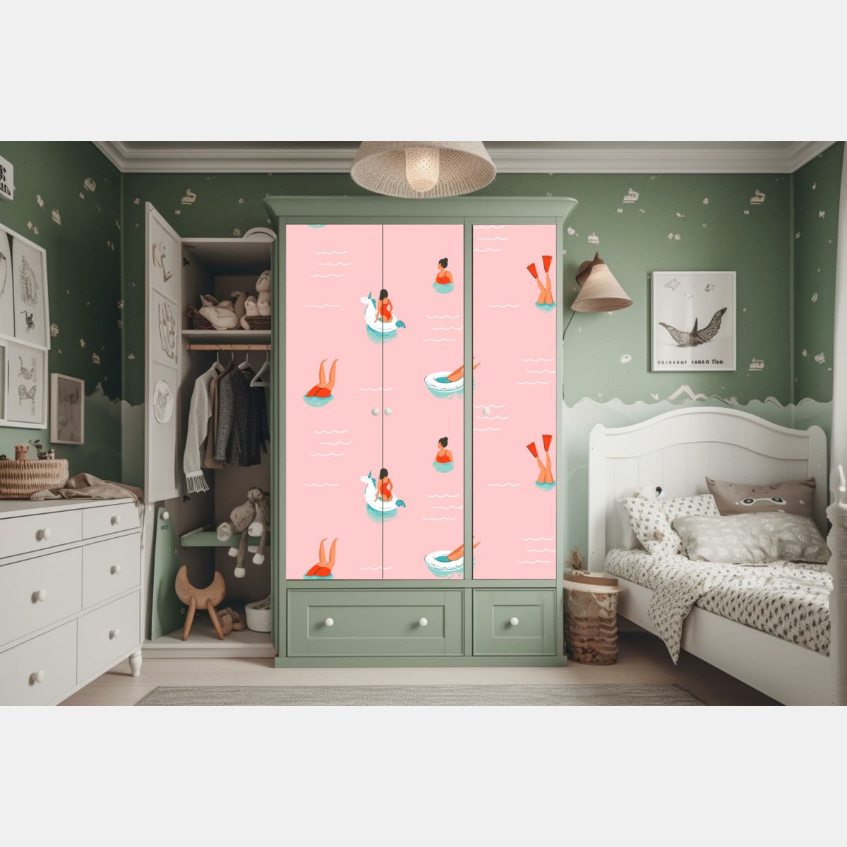 Naklejka na szafę zabawny pastelowy wzór basenowy – Wallissimo® Naklejka na szafę zabawny pastelowy wzór basenowy – Wallissimo®