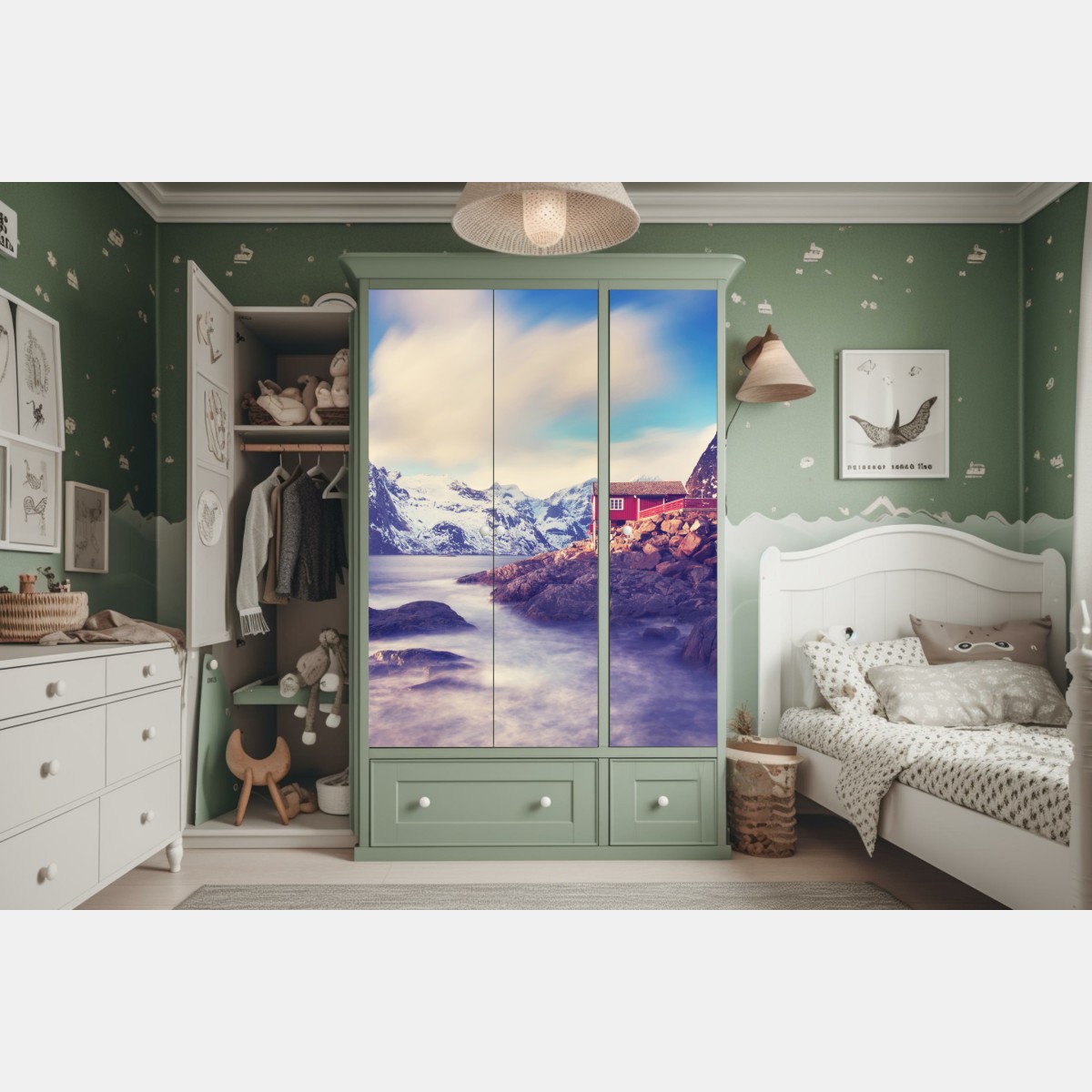 Naklejka na szafę górski nadmorski krajobraz z czerwonymi domkami – Wallissimo® Naklejka na szafę górski nadmorski krajobraz z czerwonymi domkami – Wallissimo®