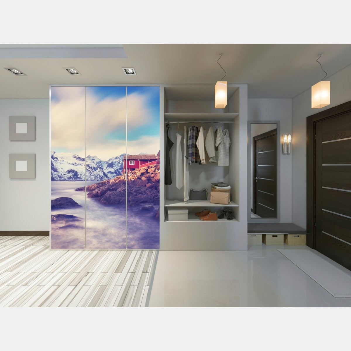 Naklejka na szafę górski nadmorski krajobraz z czerwonymi domkami – Wallissimo® Naklejka na szafę górski nadmorski krajobraz z czerwonymi domkami – Wallissimo®