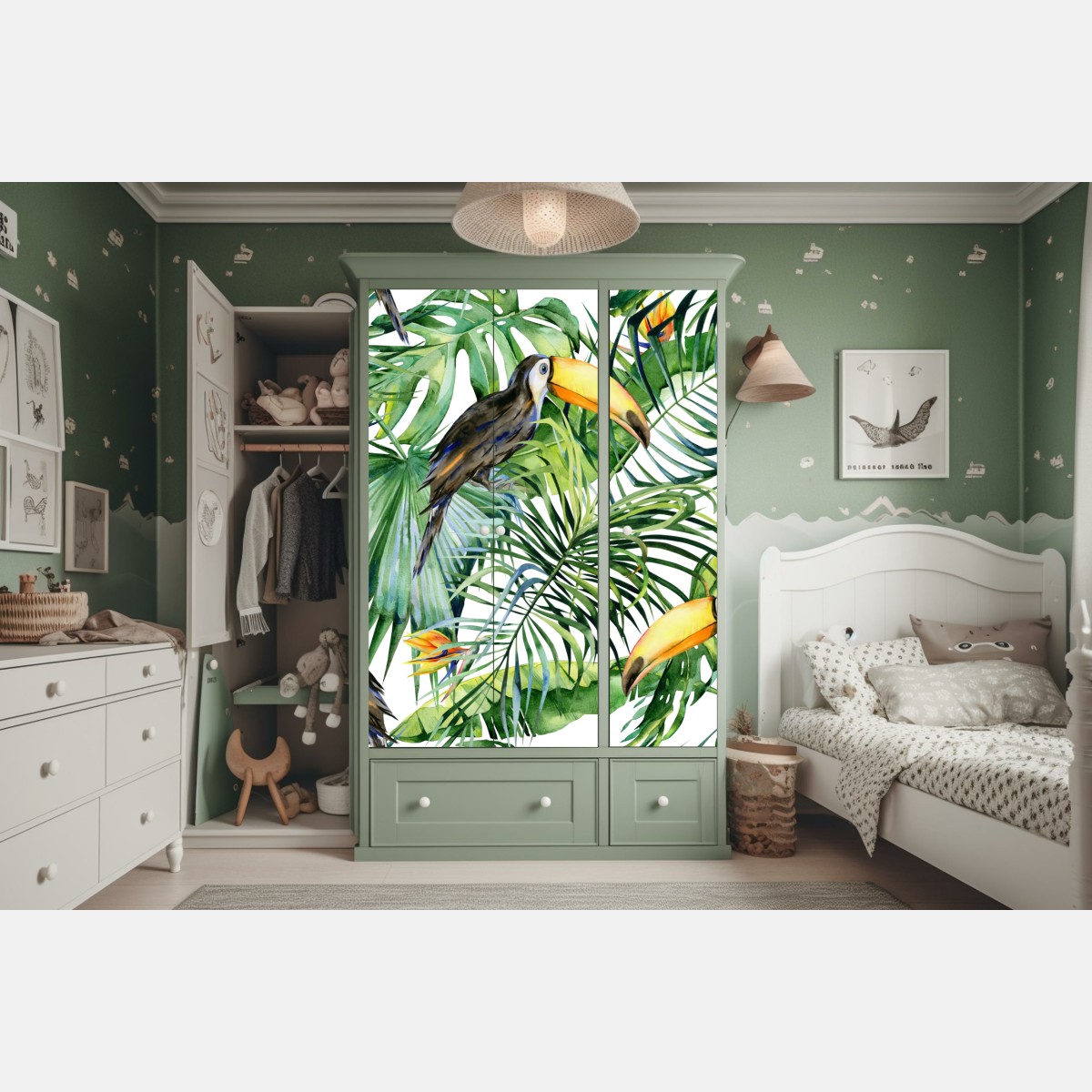 Naklejka na szafę akwarelowy tukan w tropikalnym wzorze – Wallissimo® Naklejka na szafę akwarelowy tukan w tropikalnym wzorze – Wallissimo®