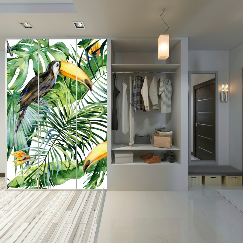 Naklejka na szafę akwarelowy tukan w tropikalnym wzorze – Wallissimo® Naklejka na szafę akwarelowy tukan w tropikalnym wzorze – Wallissimo®