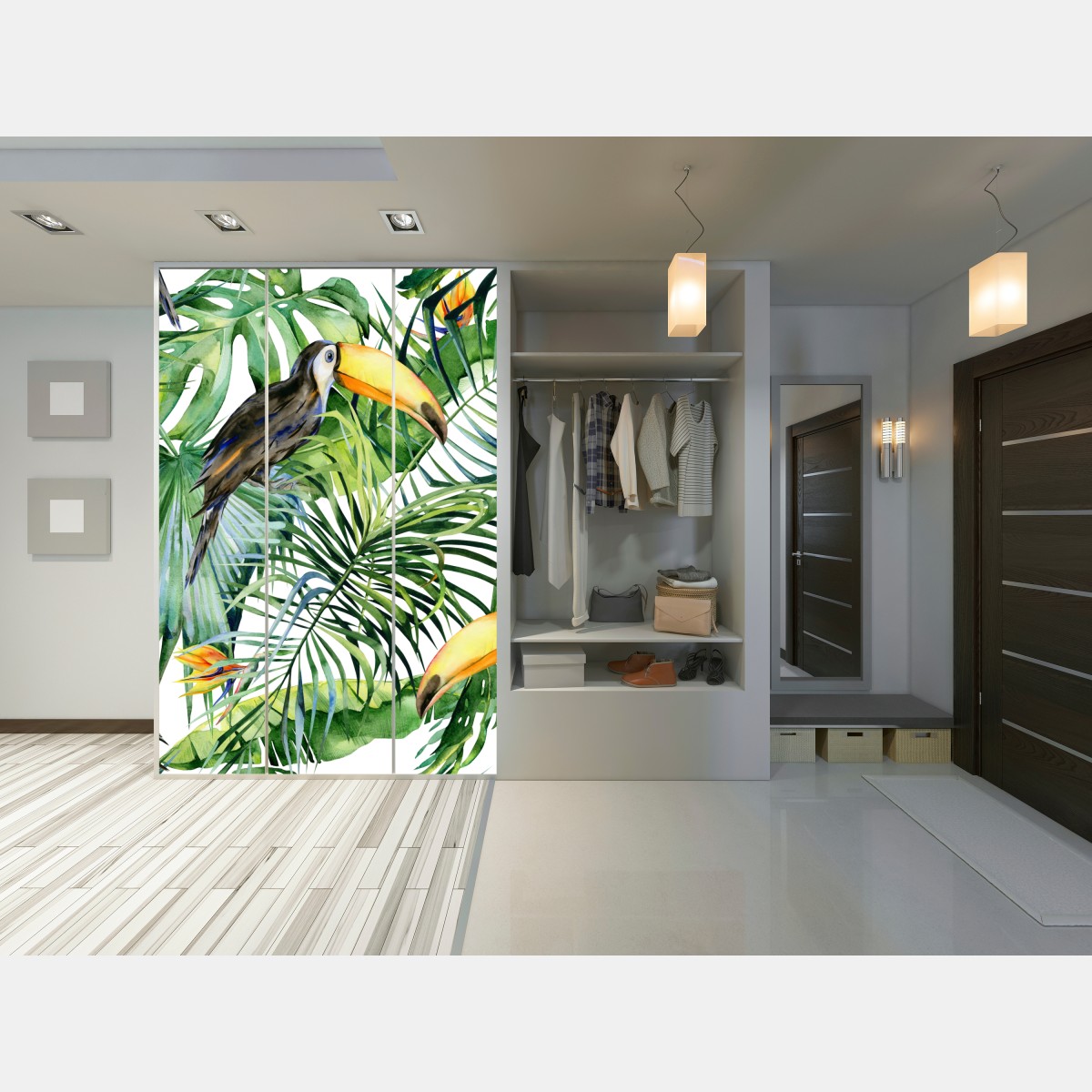 Naklejka na szafę akwarelowy tukan w tropikalnym wzorze – Wallissimo® Naklejka na szafę akwarelowy tukan w tropikalnym wzorze – Wallissimo®