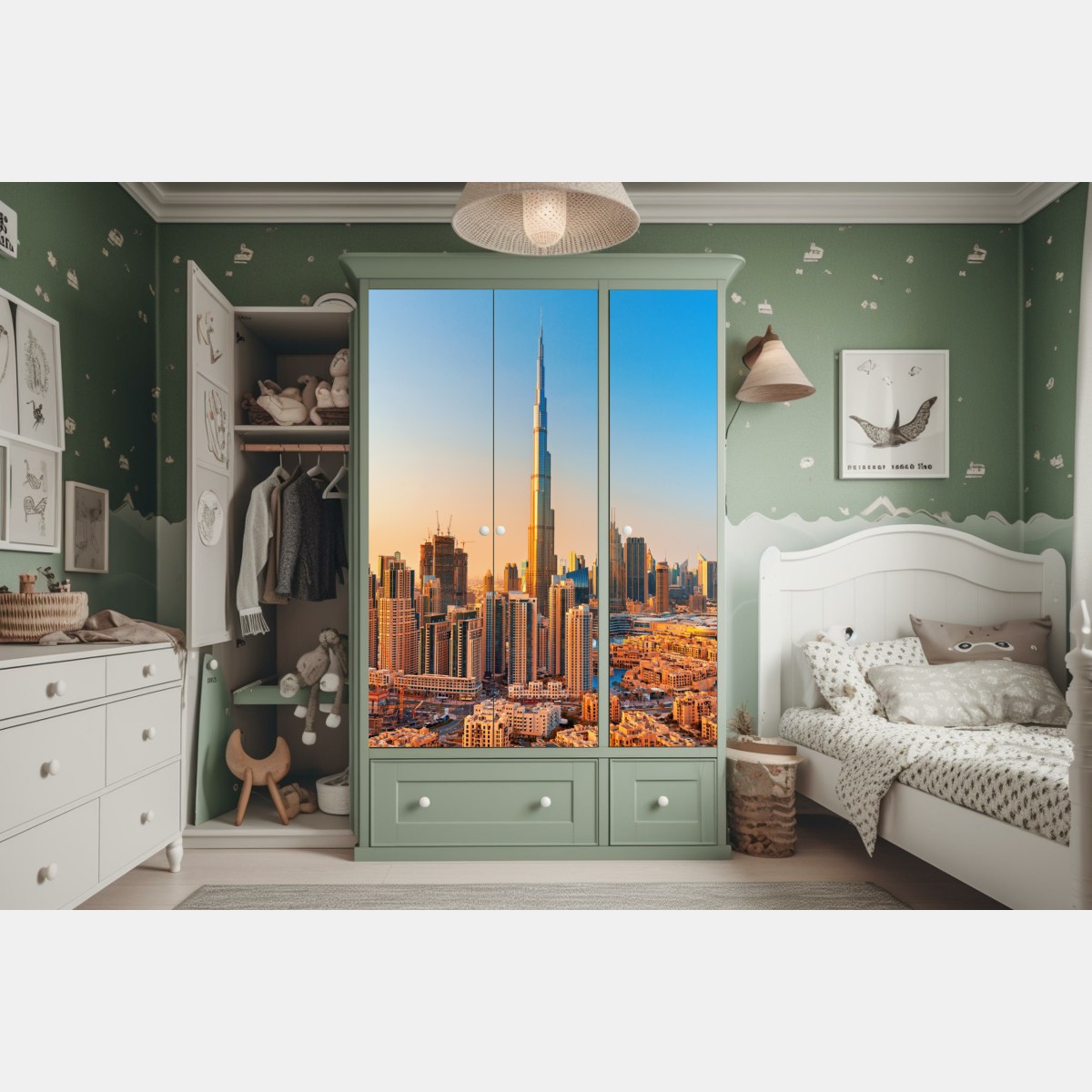 Naklejka na szafę panorama Dubaju o złotej godzinie – Wallissimo® Naklejka na szafę panorama Dubaju o złotej godzinie – Wallissimo®