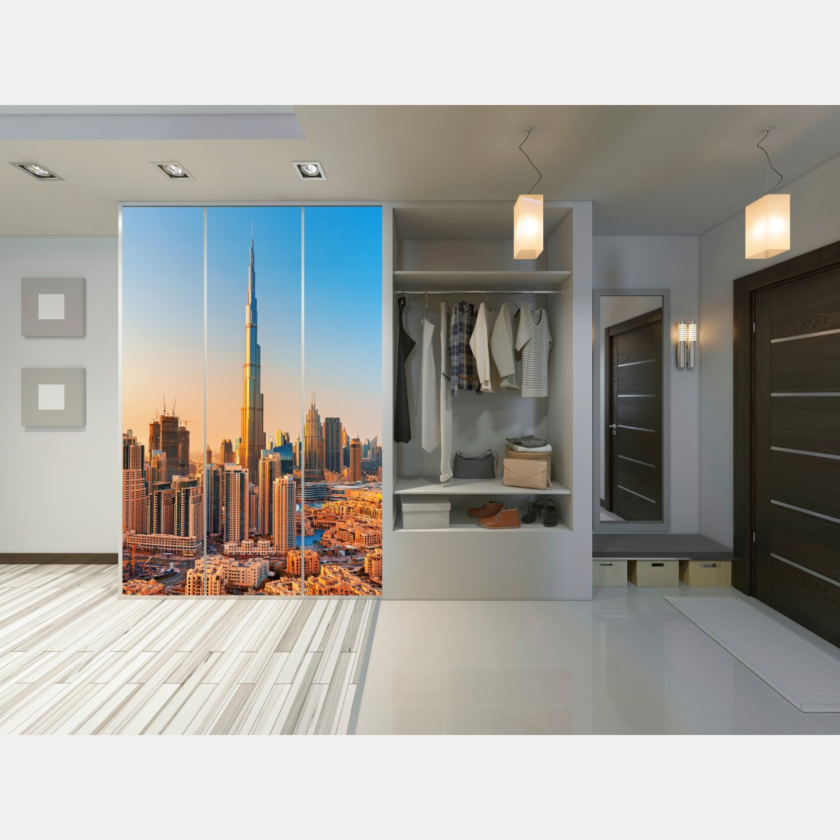 Naklejka na szafę panorama Dubaju o złotej godzinie – Wallissimo® Naklejka na szafę panorama Dubaju o złotej godzinie – Wallissimo®