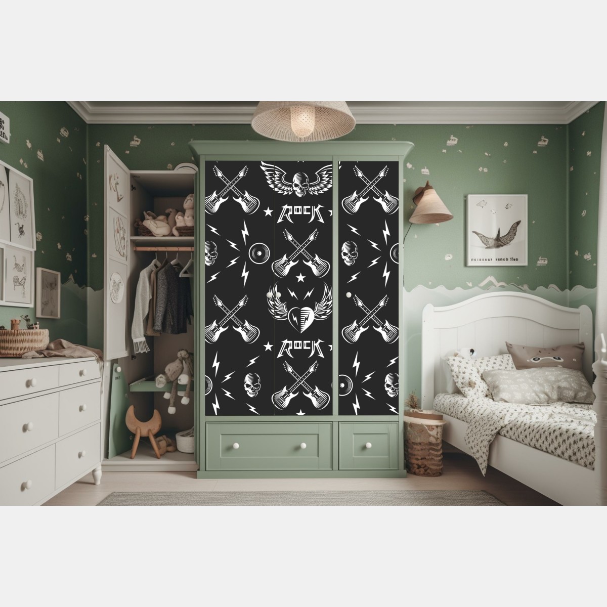 Naklejka na szafę bezszwowy wzór rockowych ikon – Wallissimo® Naklejka na szafę bezszwowy wzór rockowych ikon – Wallissimo®