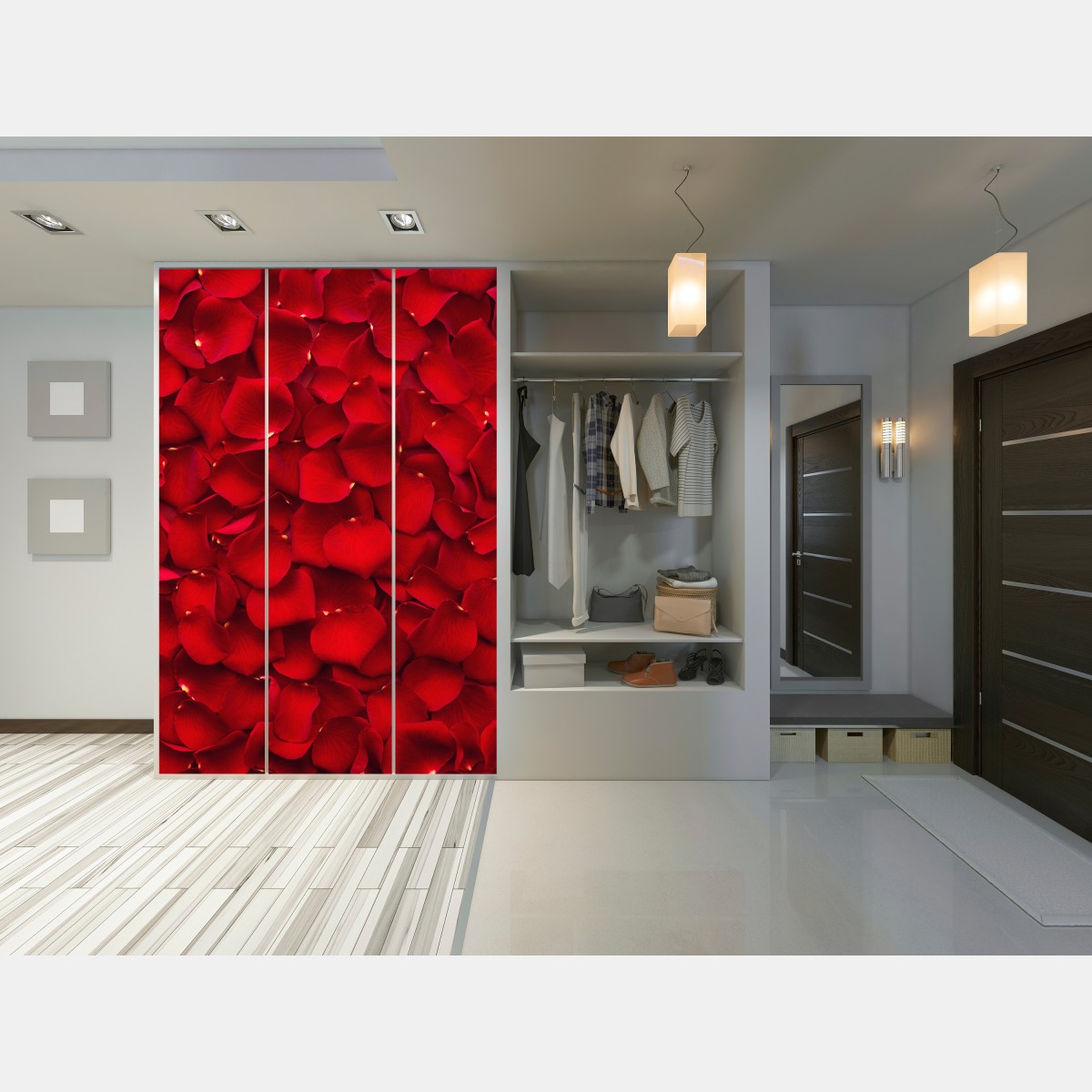 Naklejka na szafę czerwone płatki róż tło – Wallissimo® Naklejka na szafę czerwone płatki róż tło – Wallissimo®