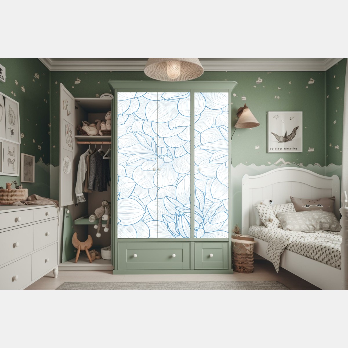 Naklejka na szafę delikatny niebieski motyw kwiatowy – Wallissimo® Naklejka na szafę delikatny niebieski motyw kwiatowy – Wallissimo®