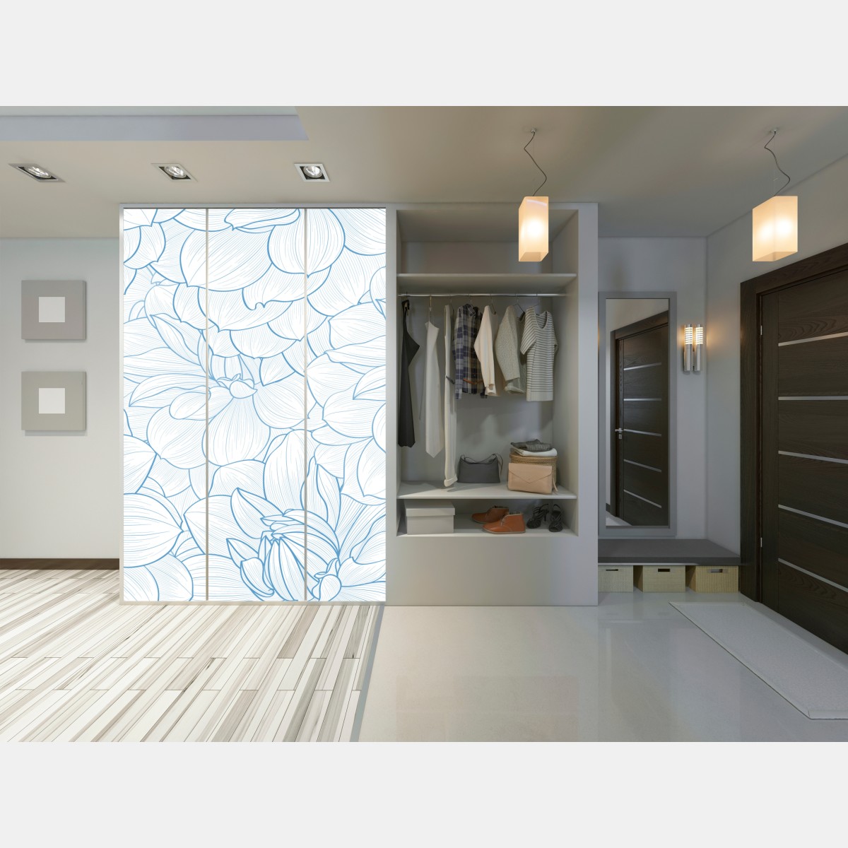 Naklejka na szafę delikatny niebieski motyw kwiatowy – Wallissimo® Naklejka na szafę delikatny niebieski motyw kwiatowy – Wallissimo®