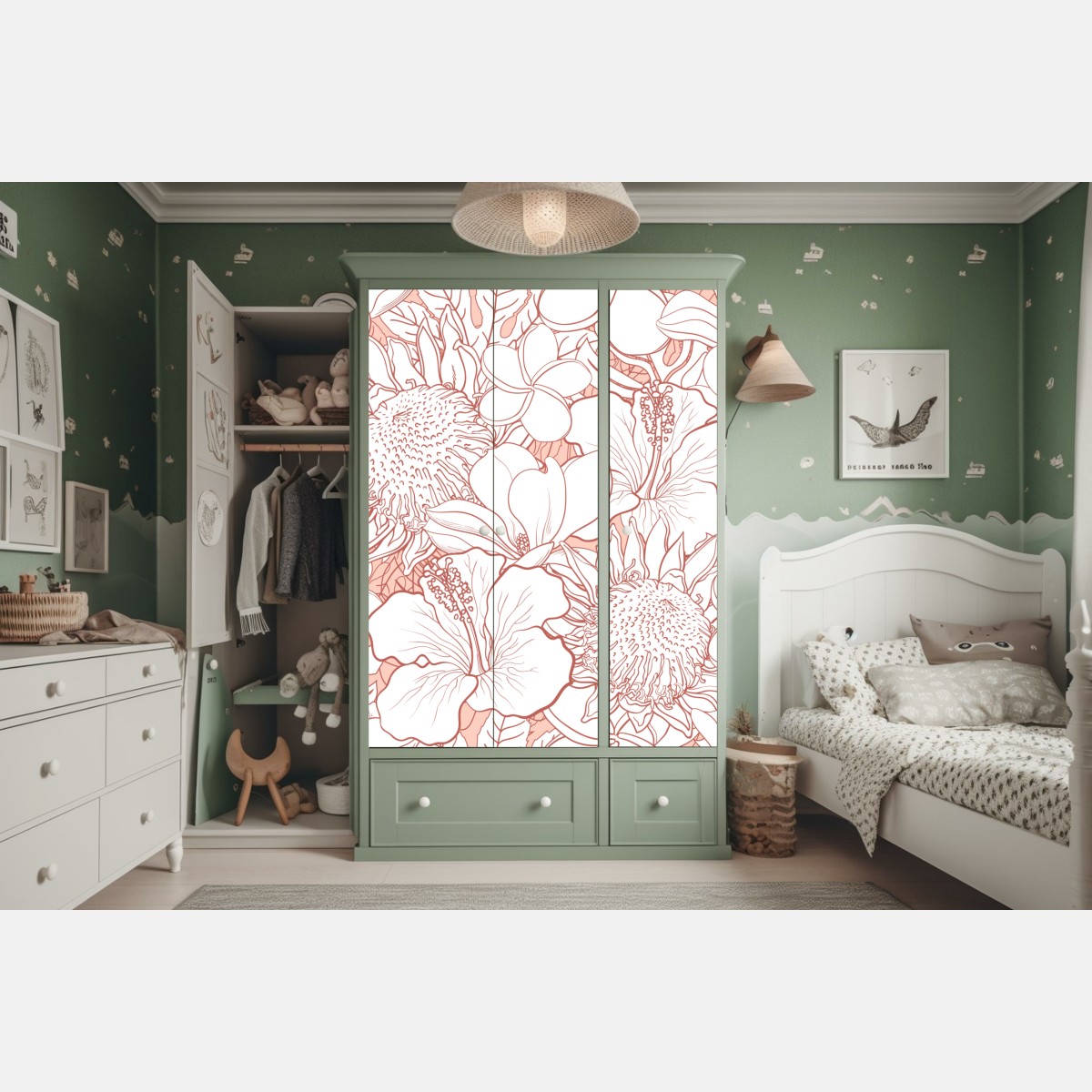 Naklejka na szafę delikatny koralowy wzór kwiatowy – Wallissimo® Naklejka na szafę delikatny koralowy wzór kwiatowy – Wallissimo®