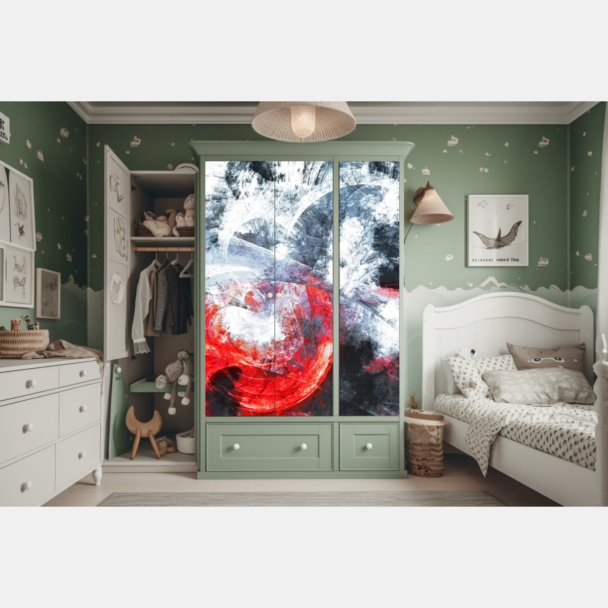 Naklejka na szafę dynamiczna czerwona i biała abstrakcyjna kompozycja – Wallissimo® Naklejka na szafę dynamiczna czerwona i biała abstrakcyjna kompozycja – Wallissimo®