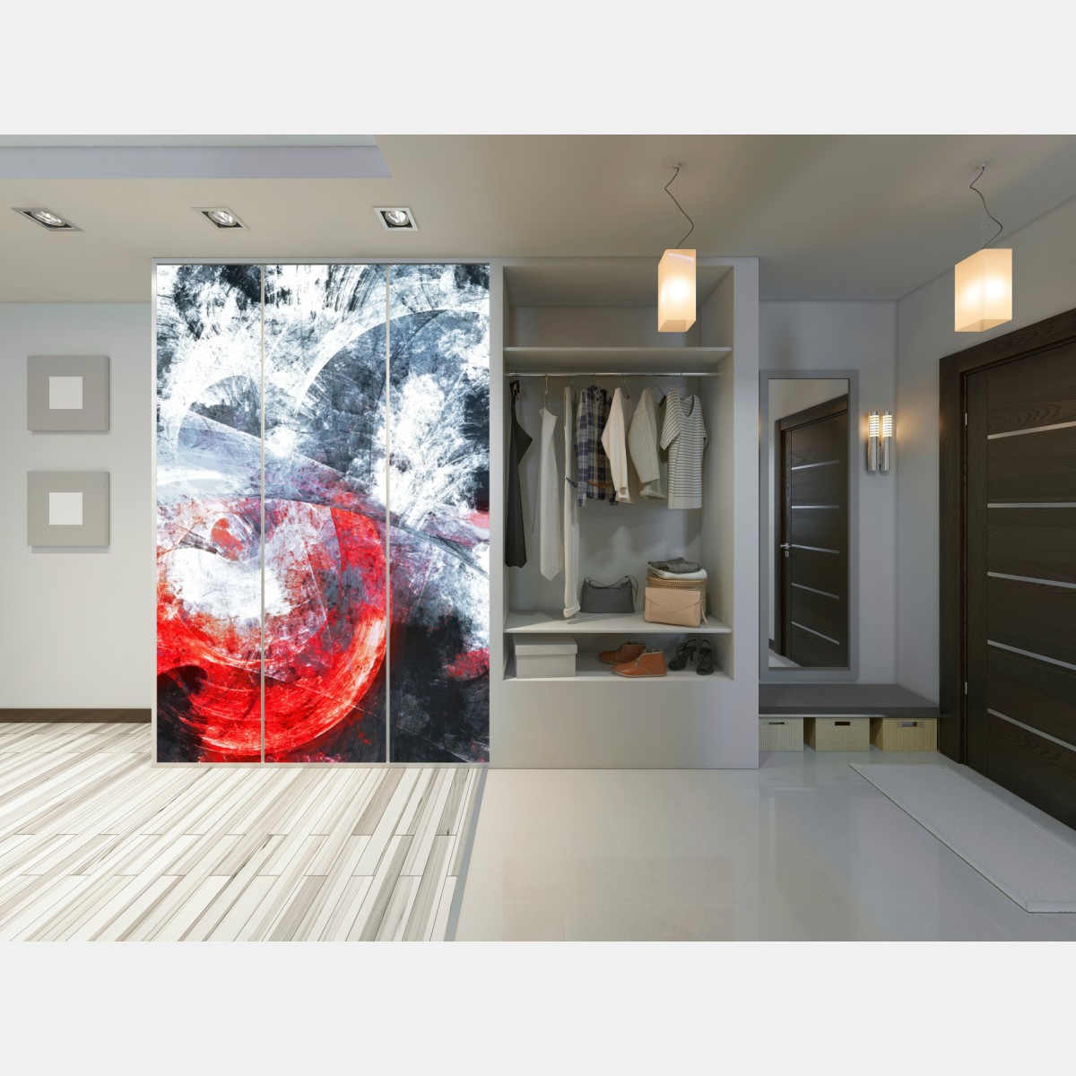 Naklejka na szafę dynamiczna czerwona i biała abstrakcyjna kompozycja – Wallissimo® Naklejka na szafę dynamiczna czerwona i biała abstrakcyjna kompozycja – Wallissimo®