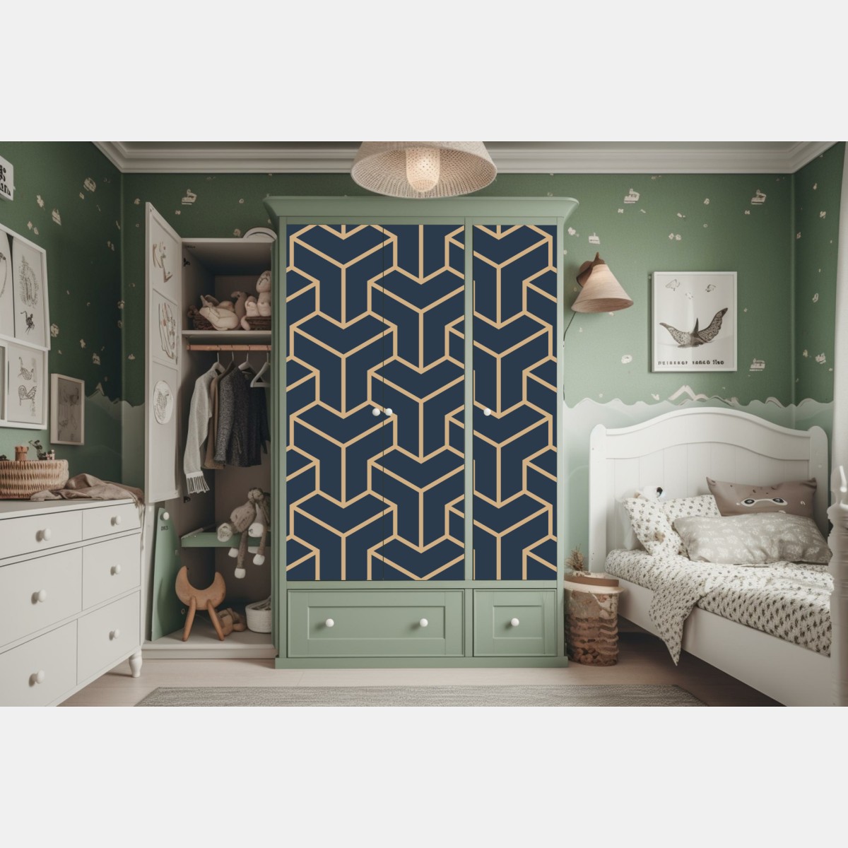 Naklejka na szafę granatowy geometryczny wzór sześcianów – Wallissimo® Naklejka na szafę granatowy geometryczny wzór sześcianów – Wallissimo®