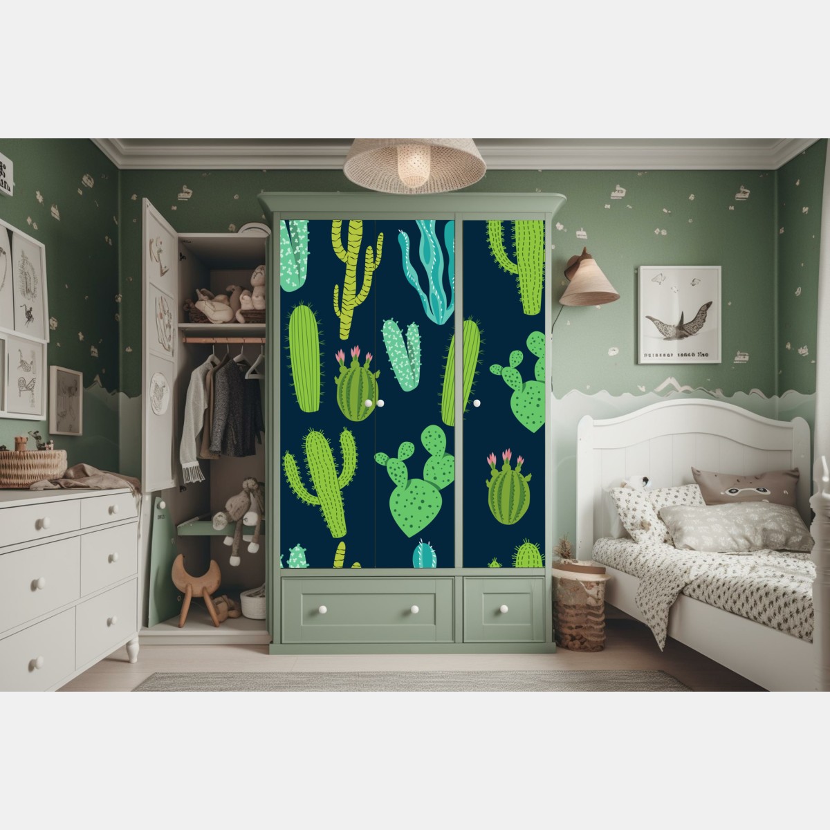 Naklejka na szafę wzór z kaktusami i sukulentami – Wallissimo® Naklejka na szafę wzór z kaktusami i sukulentami – Wallissimo®