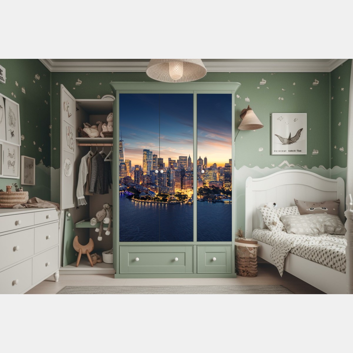 Naklejka na szafę Manhattan panorama o wschodzie słońca – Wallissimo® Naklejka na szafę Manhattan panorama o wschodzie słońca – Wallissimo®