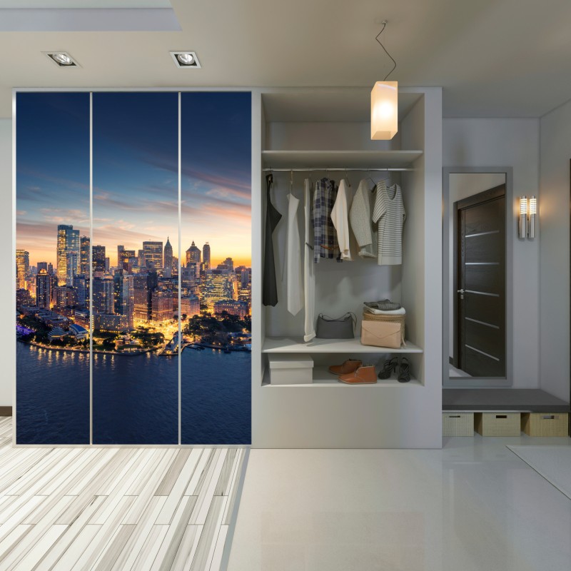 Naklejka na szafę Manhattan panorama o wschodzie słońca – Wallissimo® Naklejka na szafę Manhattan panorama o wschodzie słońca – Wallissimo®