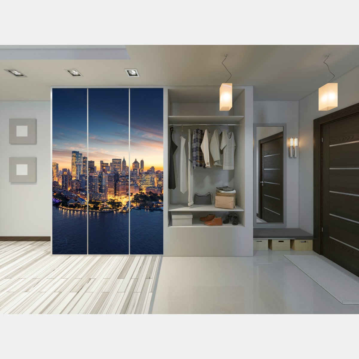 Naklejka na szafę Manhattan panorama o wschodzie słońca – Wallissimo® Naklejka na szafę Manhattan panorama o wschodzie słońca – Wallissimo®