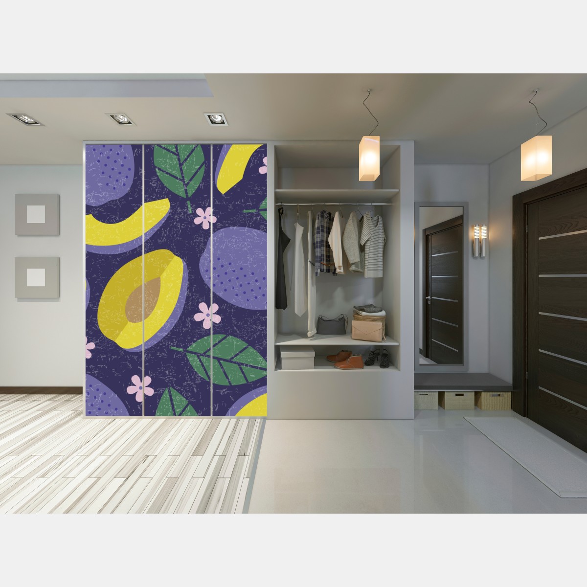 Naklejka na szafę radosny wzór ze śliwkami i liśćmi – Wallissimo® Naklejka na szafę radosny wzór ze śliwkami i liśćmi – Wallissimo®