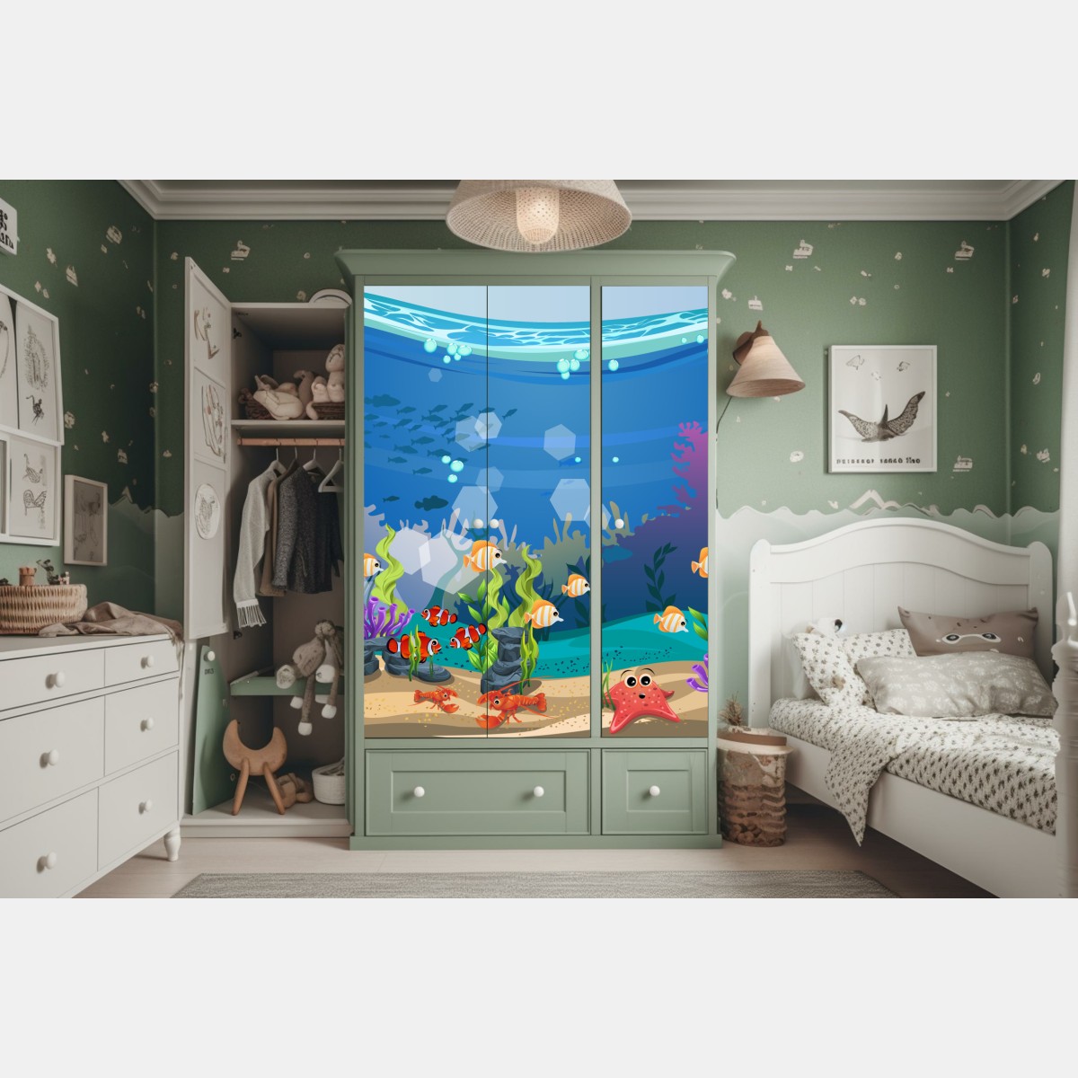 Naklejka na szafę zabawna podwodna scena z rafą koralową – Wallissimo® Naklejka na szafę zabawna podwodna scena z rafą koralową – Wallissimo®
