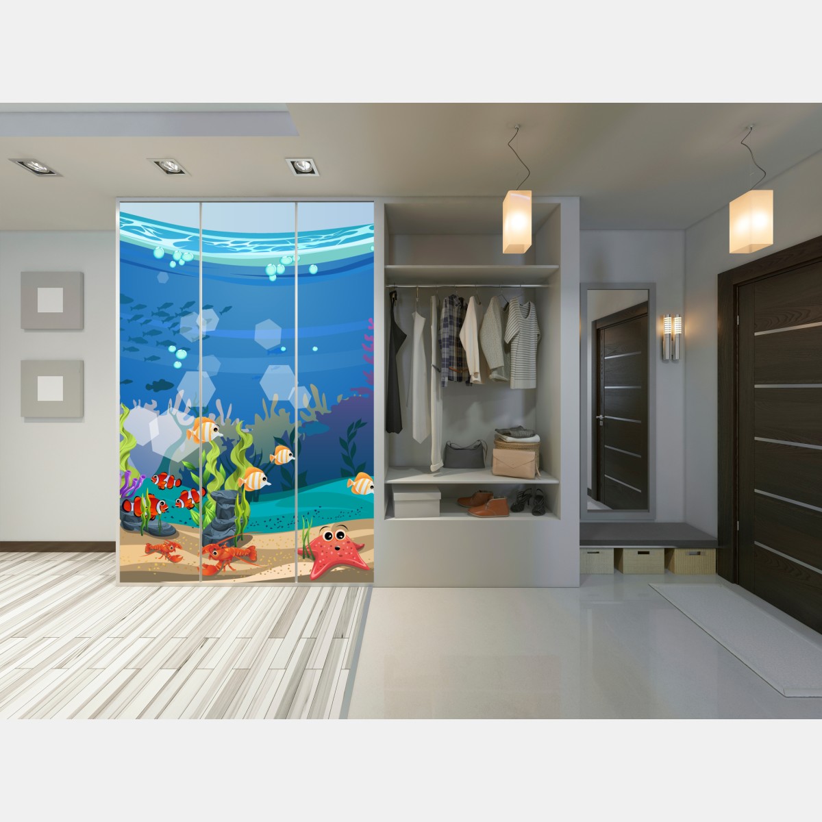Naklejka na szafę zabawna podwodna scena z rafą koralową – Wallissimo® Naklejka na szafę zabawna podwodna scena z rafą koralową – Wallissimo®