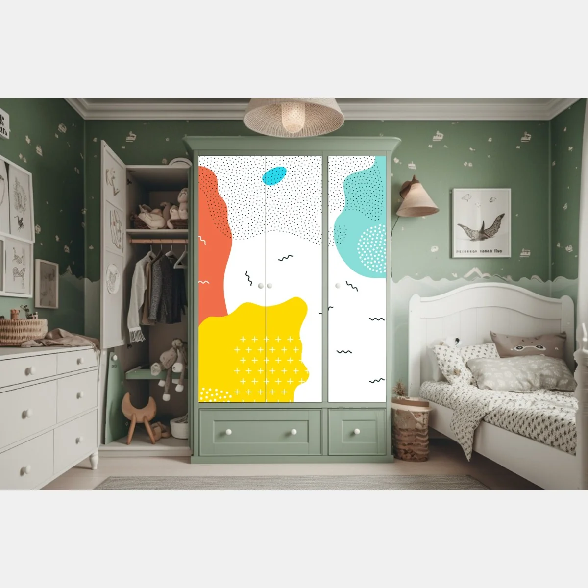 Naklejka na szafę zabawne abstrakcyjne kształty w żywych kolorach – Wallissimo® Naklejka na szafę zabawne abstrakcyjne kształty w żywych kolorach – Wallissimo®
