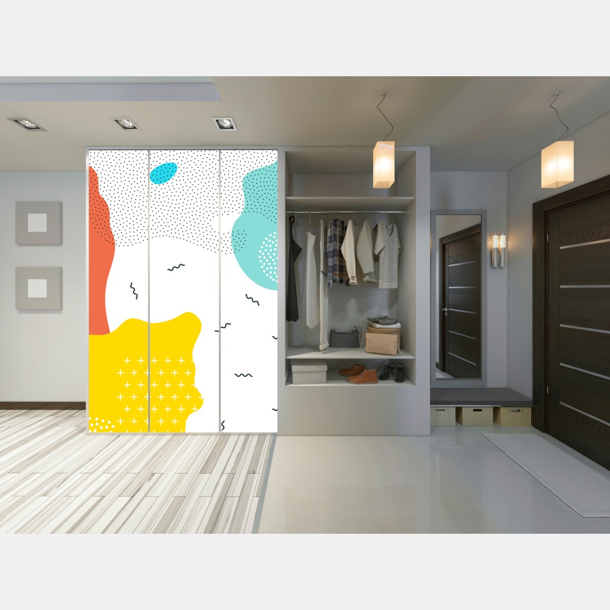 Naklejka na szafę zabawne abstrakcyjne kształty w żywych kolorach – Wallissimo® Naklejka na szafę zabawne abstrakcyjne kształty w żywych kolorach – Wallissimo®