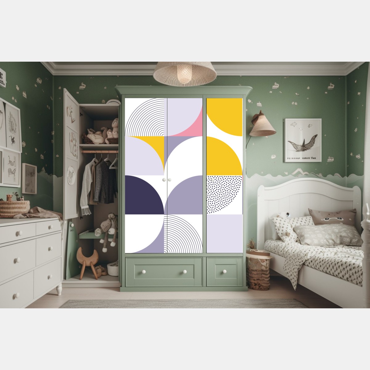 Naklejka na szafę pastelowy geometryczny wzór z półkolami – Wallissimo® Naklejka na szafę pastelowy geometryczny wzór z półkolami – Wallissimo®