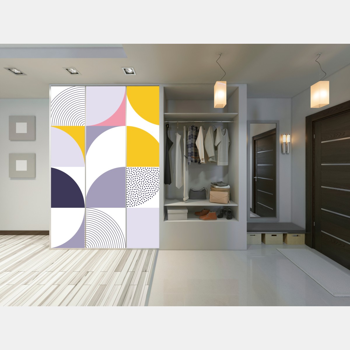 Naklejka na szafę pastelowy geometryczny wzór z półkolami – Wallissimo® Naklejka na szafę pastelowy geometryczny wzór z półkolami – Wallissimo®