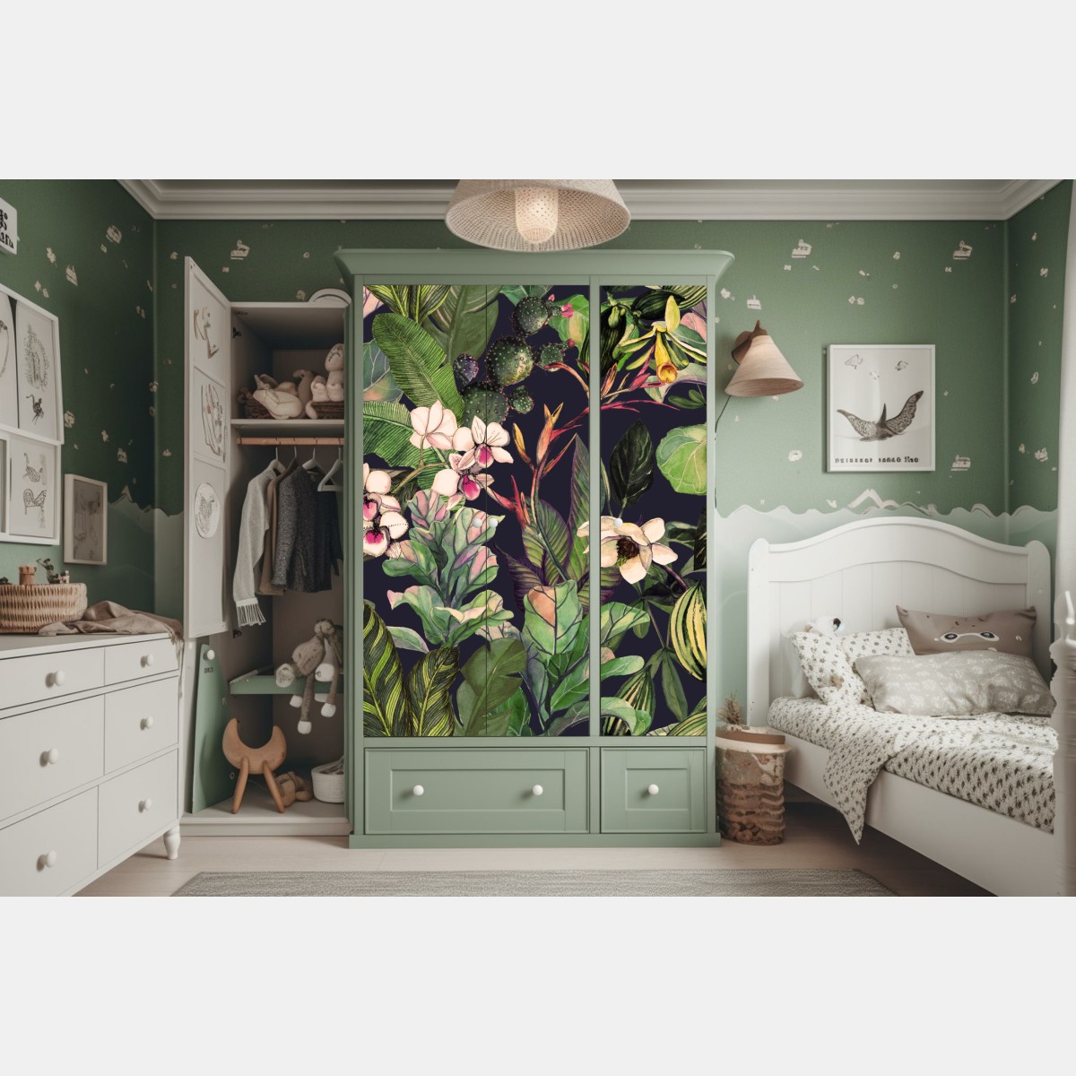 Naklejka na szafę tropikalny akwarelowy wzór botaniczny – Wallissimo® Naklejka na szafę tropikalny akwarelowy wzór botaniczny – Wallissimo®