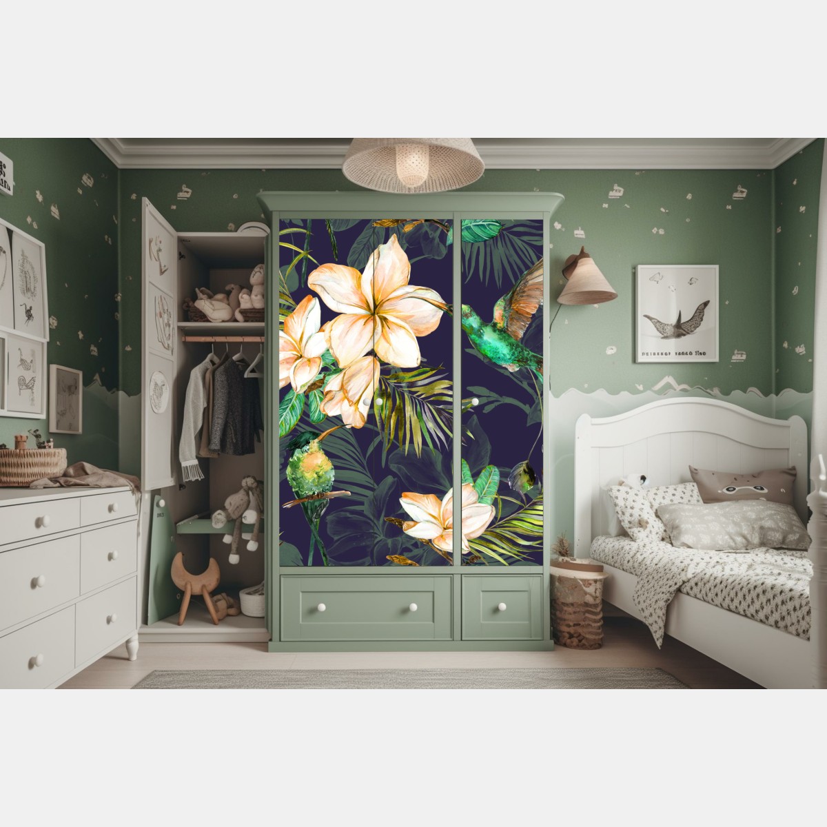 Naklejka na szafę tropikalne kolibry i plumeria w akwareli – Wallissimo® Naklejka na szafę tropikalne kolibry i plumeria w akwareli – Wallissimo®